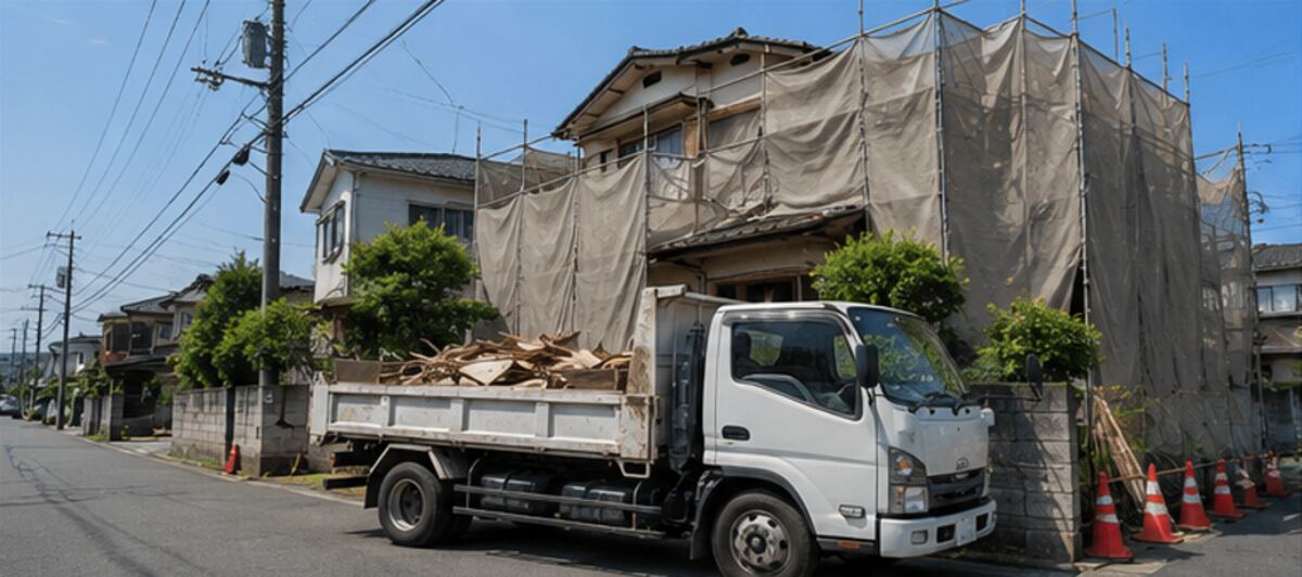 養生シートで囲った解体現場と運搬トラック（イメージ）